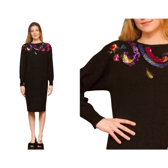Darian Vintage 80s Black Knit Sequin Embellished Sweater Dress Sz M Avante Garde - Picture 1 of 12